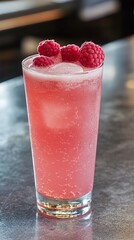 Refreshing raspberry cocktail with sparkling bubbles, garnished with fresh whole raspberries, served in a tall glass on a sleek stone surface