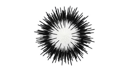 An abstract graphic design featuring a transparent circular core with sharp black radial lines emanating outwards, creating a powerful bursting effect against a transparent background, concept of