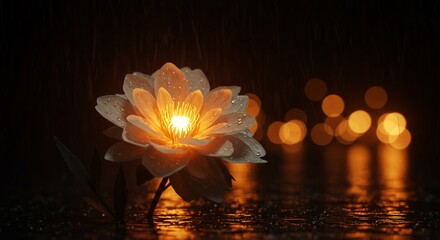 Luminous flower in rainy twilight setting