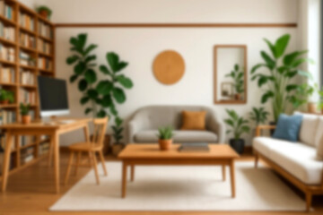 Blurred view of modern living room with sofa and soft bench. room interior with couch, armchair and coffee table or shelving units. stylish living room. comfortable workplace near big window.