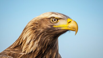 Fototapeta premium Close up of a majestic eagle against a vibrant blue sky, showcasing its powerful gaze and beak