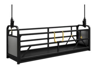 Heavy-duty suspended scaffold with reinforced side panels for cladding installation on high-rise buildings.