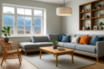 Blurred view of modern living room with sofa and soft bench. room interior with couch, armchair and coffee table or shelving units. stylish living room. comfortable workplace near big window.