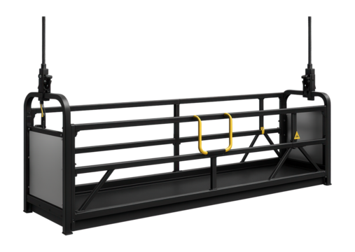 Heavy-duty suspended scaffold with reinforced side panels for cladding installation on high-rise buildings.