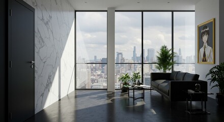 Minimalist living space with city view