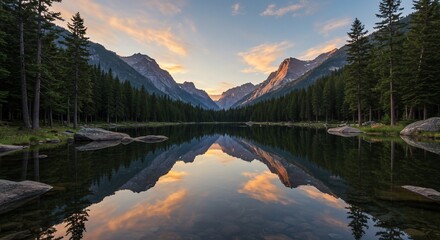 Mirrored mountains at dawns tranquil lake