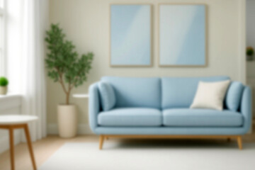 Blurred view of modern living room with sofa and soft bench. room interior with couch, armchair and coffee table or shelving units. stylish living room. comfortable workplace near big window.
