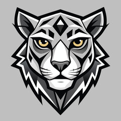Stylized snow leopard head showcases black, gray, and white tones with piercing yellow eyes