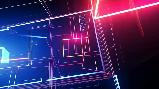 High Tech Abstract Background in a sleek futuristic art style, glowing geometric shapes, vibrant neon colors