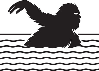 Bigfoot Yeti Black & white silhouette who is swiming on a pool