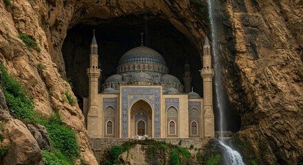 Mosque hidden inside rocky cave with waterfall