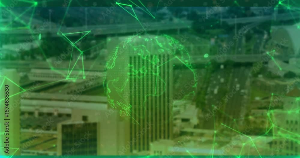 Poster opening aerial view revealing rotating wireframe globe with pulsing nodes and flowing data network