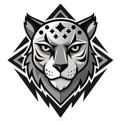 A stylized snow leopard face with piercing yellow eyes appears against a geometric backdrop