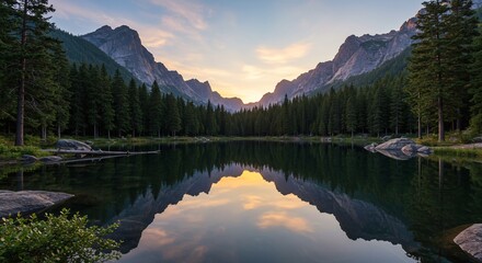 Mountain lake reflects forest sky