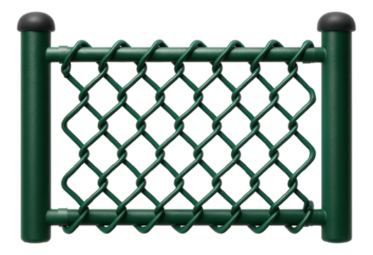 Vinyl-coated chain link barrier, used in public parks to designate safe play areas for children.