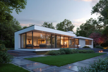 Modern minimalist house with floor-to-ceiling glass windows surrounded by lush greenery at dusk