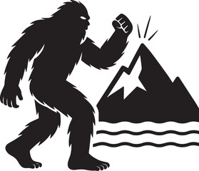 Bigfoot Yeti Black & white silhouette who is hitting a mountain