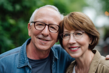 Happy senior couple smiling at the camera outdoors, enjoying a moment together in a natural green setting