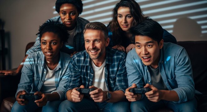 Diverse Friends Immersed in Intense Video Game Session, Joyful Expressions