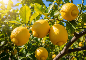 Ripe lemons hang on a tree branch in the sunshine