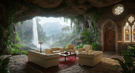 Opulent cave retreat with waterfall view