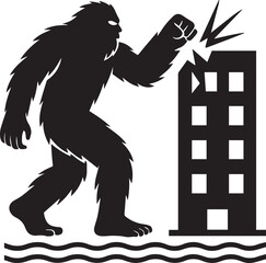 Bigfoot Yeti Black & white silhouette who is hitting a building