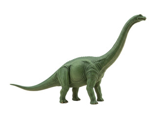 Vibrant green molded plastic long-necked sauropod dinosaur toy with sharp spikes and a slender tail, full object, on a pristine plain transparent background with shadowless studio lighting, direct