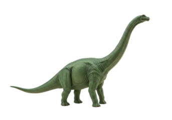 Vibrant green molded plastic long-necked sauropod dinosaur toy with sharp spikes and a slender tail, full object, on a pristine plain transparent background with shadowless studio lighting, direct