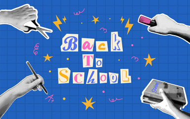 Back to school banner. School collage elements in retro halftone style. Trending collage style. Concept for school, college, university and study, educational materials, advertising, social media