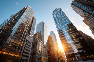 Sunset illuminating modern skyscrapers in a bustling city skyline with reflective glass facades and urban architecture