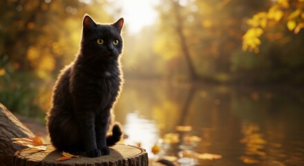 Serene black cat amidst autumnal riverbank scenery
