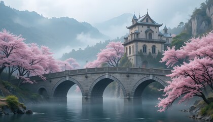 Pink cherry blossoms and a misty castle on a stone bridge