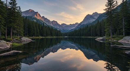 Serene mountain lake reflecting sunsets fiery peaks