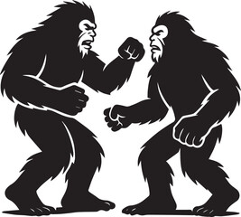 Bigfoot Yeti Black & white silhouette who is fighting with another yeti