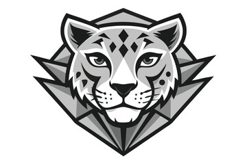 Geometric snow leopard head shows distinct, beautiful monochromatic fur patterns and facial details