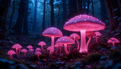 Fototapeta premium Glowy Pink Mushrooms in a Dark Forest