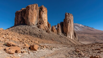 Obraz premium Rugged, towering rock formations rise from a desolate, rocky landscape under a clear blue sky