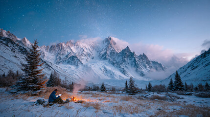 Man with Notebook Sitting by Fire in Alpine Landscape – Inspirational Outdoor Scene for Storytelling and Exploration