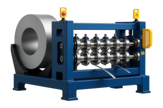 Roll forming line with a coil-fed input and precision roller alignment for consistent profile output in an industrial plant
