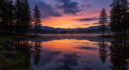 Still Lake Reflecting Sunset Pines