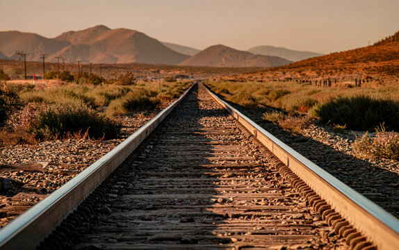 Perspective image of railroad tracks in the desert  in late afternoon light. The image was taken near Rosamond Ca