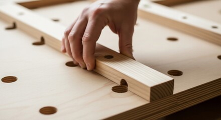 Hand Assembling Wooden Frame with Dowel Joints on Perforated Workbench Surface