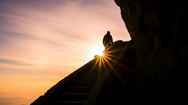 Silhouette of a person climbs stone steps toward the sunrise. Success, determination, adventure, journey, goal achievement, motivational content, inspiration, perseverance concepts.