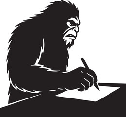 Bigfoot Yeti Black & white silhouette who is writing on a paper