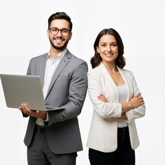 Professional Business Team with Laptop: Smiling Professionals isolated on a transparent background PNG.