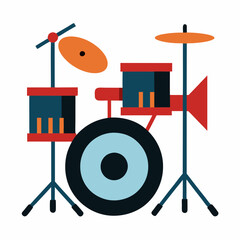 Flat cartoon drum kit with blue red and orange colors music instrument