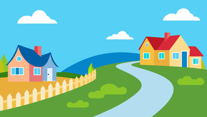Fototapeta premium Cartoon village landscape with houses, trees, and mountains under a summer sky
