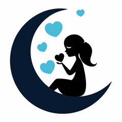 Silhouette girl sitting on crescent moon holding heart surrounded by blue hearts