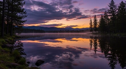 Tranquil lake reflecting twilight skies