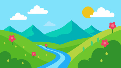 Fototapeta premium Summer landscape vector illustration: green hills, mountains, and blue sky with clouds